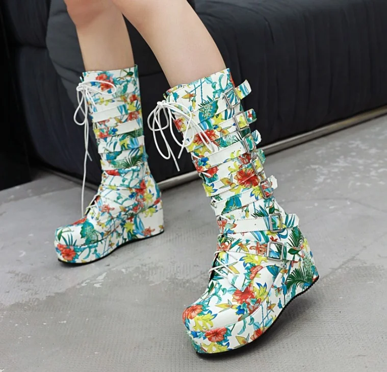 

Lace-Up Printing Flower Fancy Dress Shoes Thick Sole Snow Rain Metal Buckle Women Footwear Waterproof Big Size Half Knee Boots, Black\blue\white