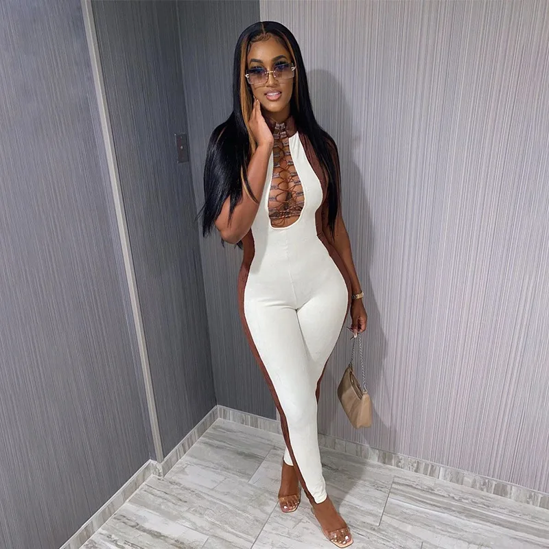 

Fashion Spring And Summer New Women's BAD Hit Color Chest Strap Sleeveless Slim Fit Trousers, Picture shows