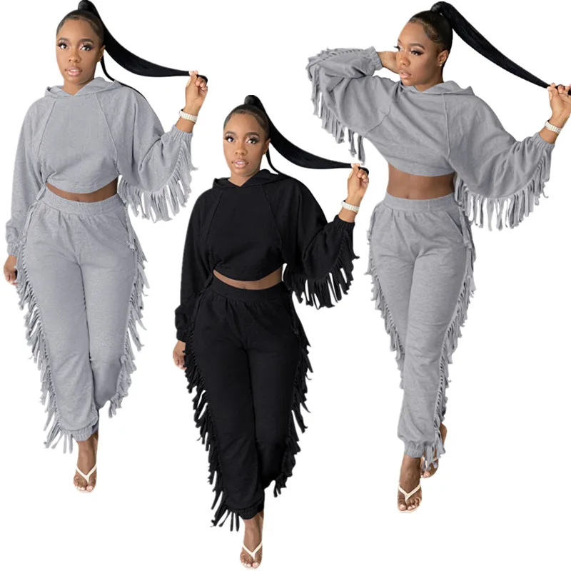 

New Style Autumn Winter Solid Color Tassel Hooded Casual Pants Suit 2 Piece Set Women Clothes, As picture