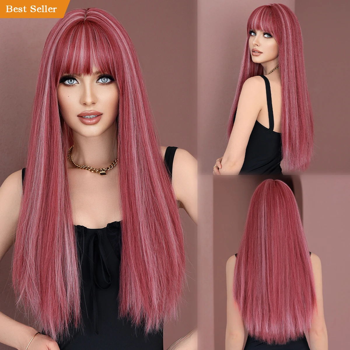 

Highlight Pink Wig Long Straight Perruques with Bangs Barbie Pink Synthetic Wig for Women Cosplay Drag Queen Pelucas Perucas