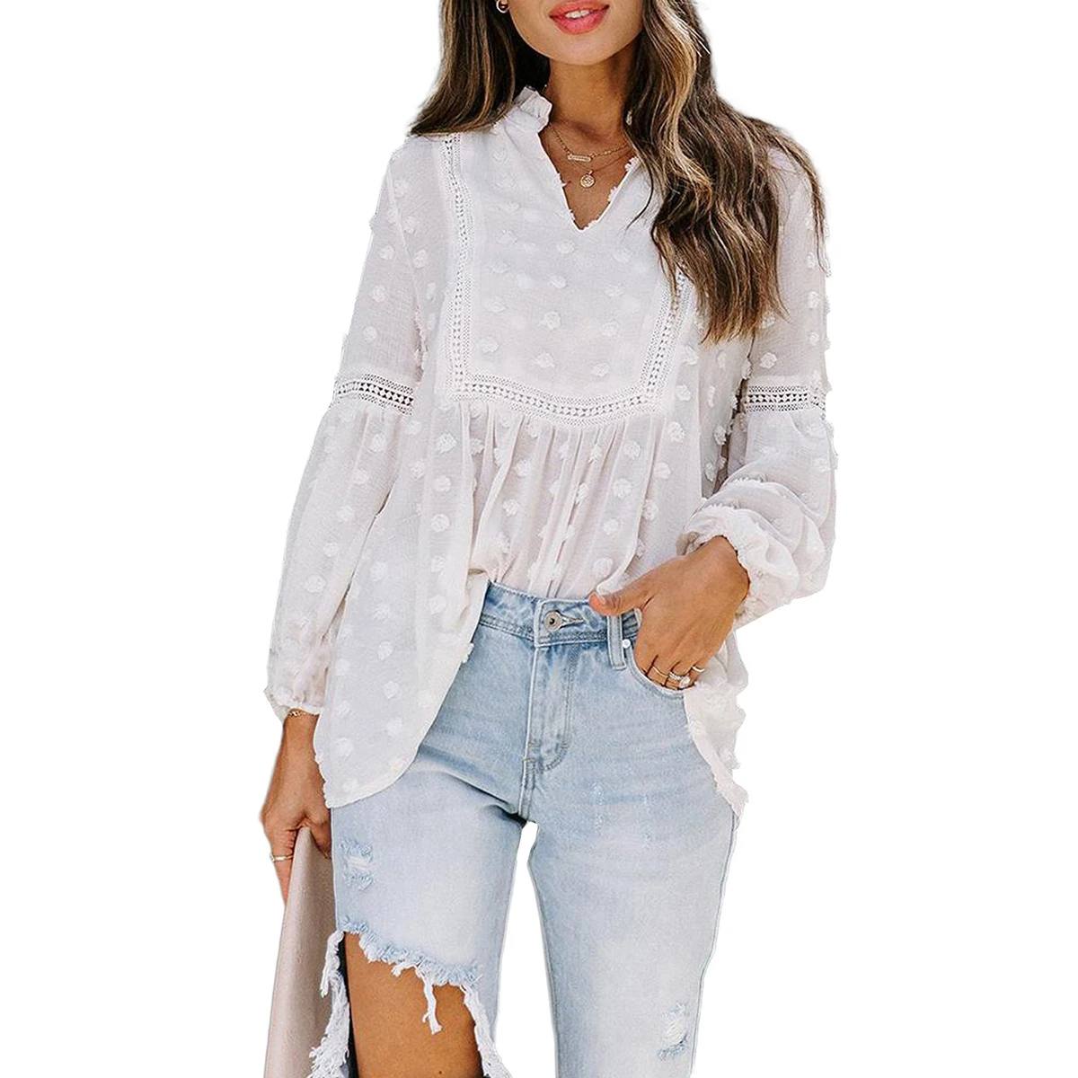 

OEM Wholesale Women Tulle Fashion Long Sleeve Lace Hollow Out White Ruffle Blouse, White, black, pink, apricot