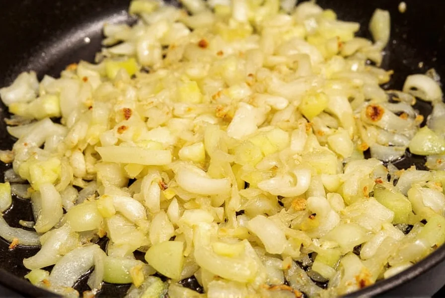 Close-up of diced yellow onions in a cast iron skillet showing perfect caramelization for chili