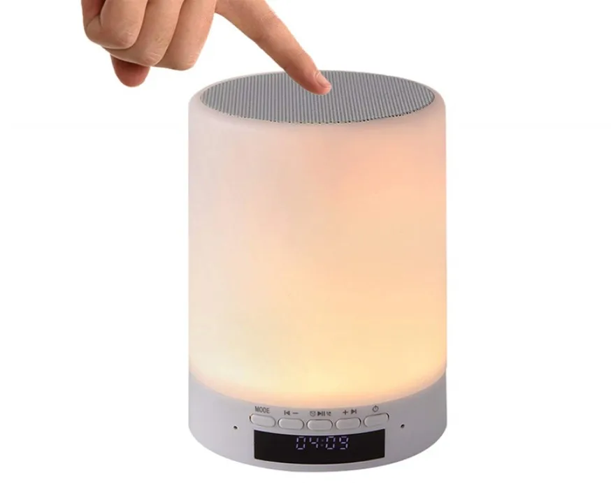 

Novelty Gift Custom Wireless Portable Touch Night Light Music Bluetooth Speaker with Alarm Clock, White