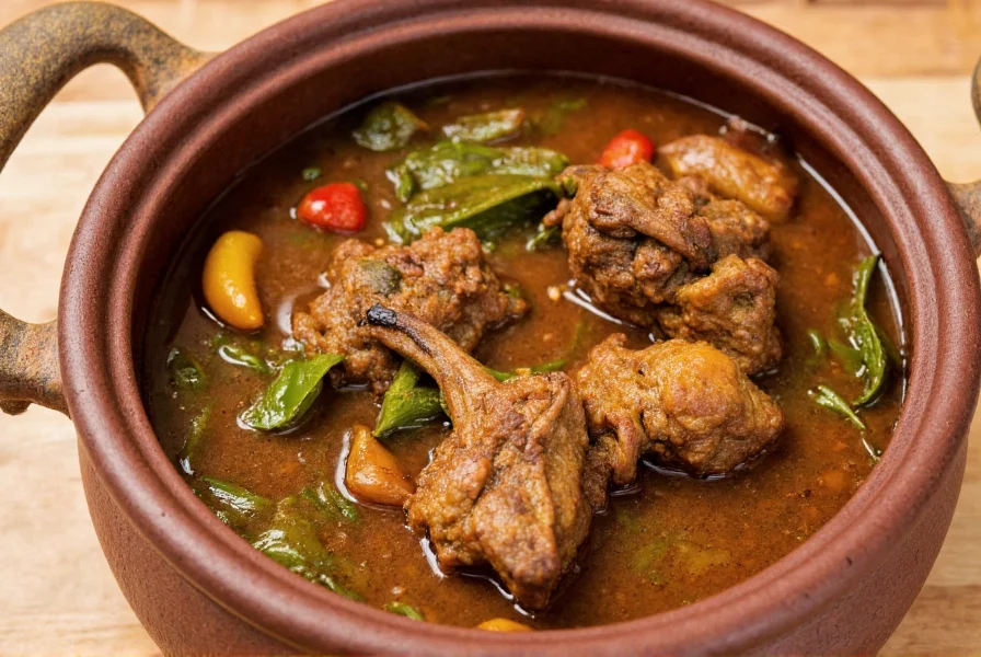 Traditional Nigerian goat meat pepper soup in clay pot with fresh utazi leaves and assorted peppers