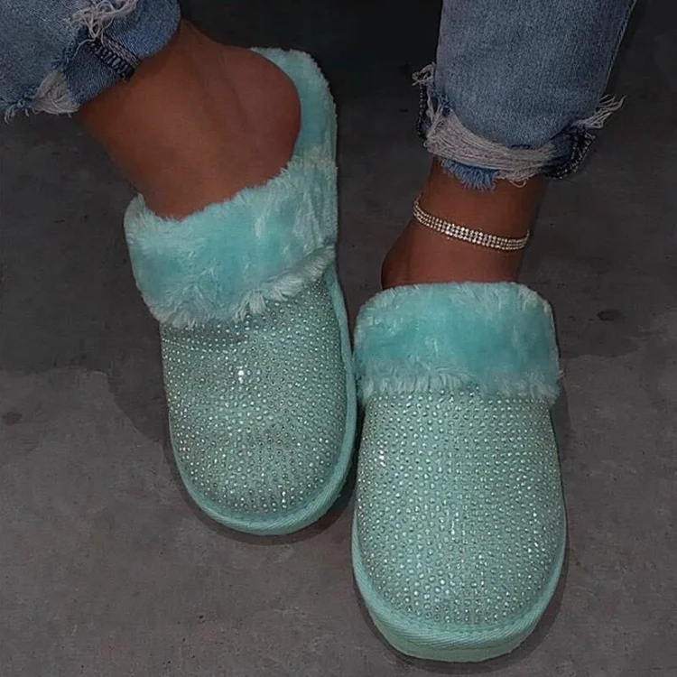 

Winter New Style Women Fur Bedroom Slippers for Indoor Women Slippers Slides Rhinestone Warm Soft Fur Pu Cotton Fabric Non-slip