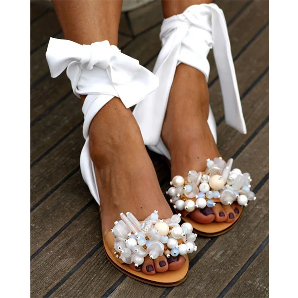 

2021 Handmade Sandals Women Flat Sandals Ankle Strap Beaded Special Women's Shoes Beach Sandals Plus Size 35-43, As pictures