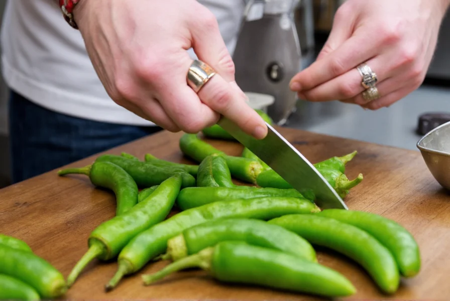 Chef preparing fresh serrano peppers for cooking with proper safety gloves and equipment