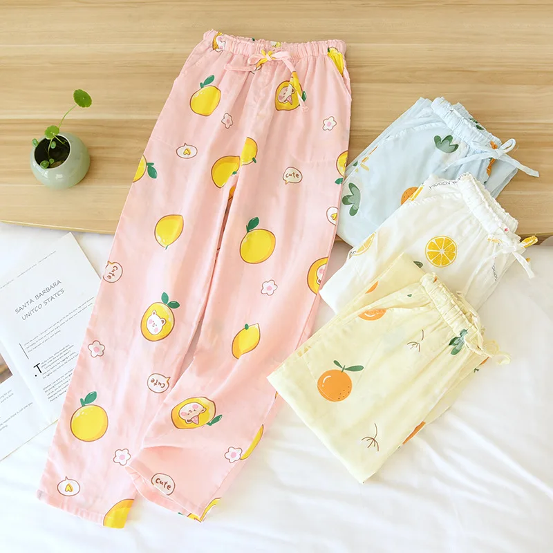 

Japanese style new spring and autumn pants ladies trousers 100% cotton gauze summer thin home pants loose cartoon comfortable