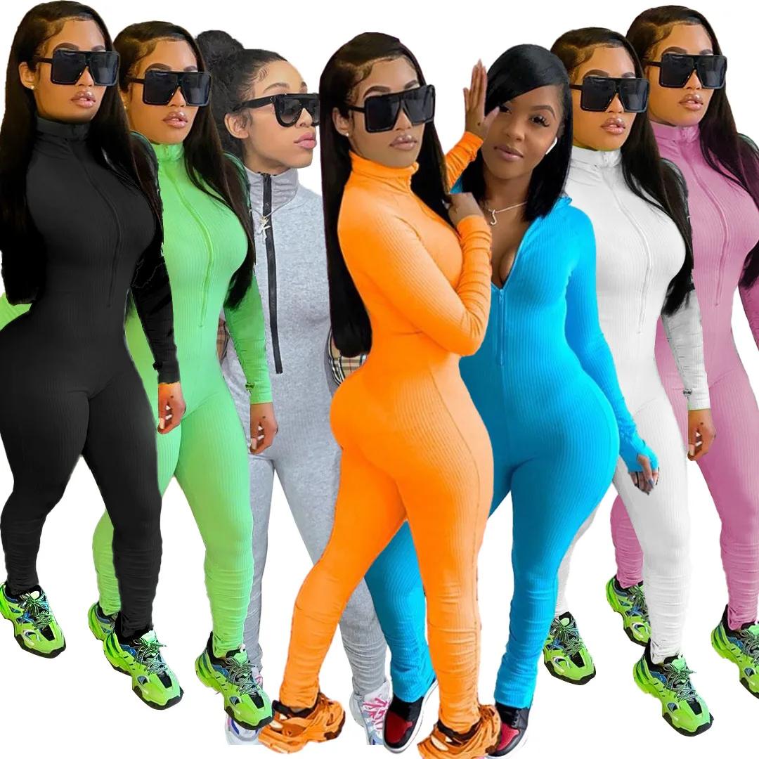 

Wholesale new fashion women sports wear one piece long sleeve orange neon stacked jumpsuit, Photo shows