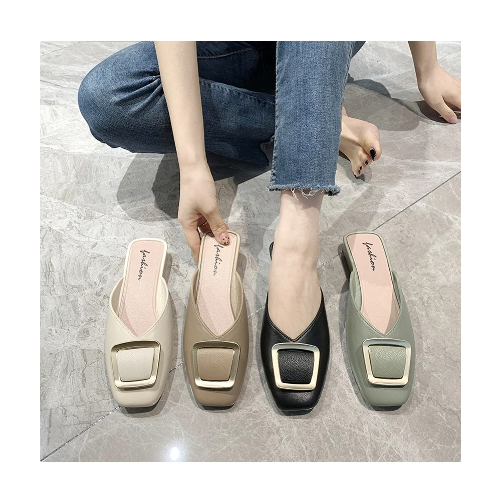 

Z New Shopee hot sell Summer fashion simple half shoes with square buckle decoration women's casual mules shoes women 2021, Black/green/khaki/apricot