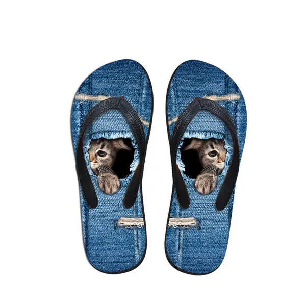 

Cute Pet Denim Cat Printed Women Slippers Summer Beach Rubber Flip Flops Fashion Girls Cowboy Blue Sandals Shoes, Customized color