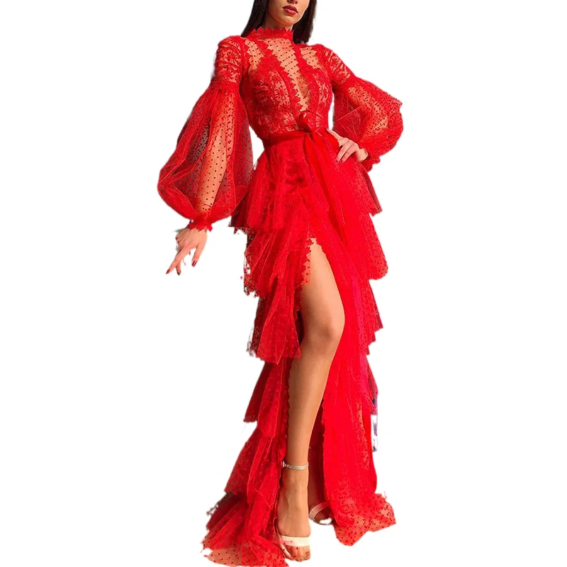 

Sexy red mesh long-sleeved ball gown dress ladies evening dress