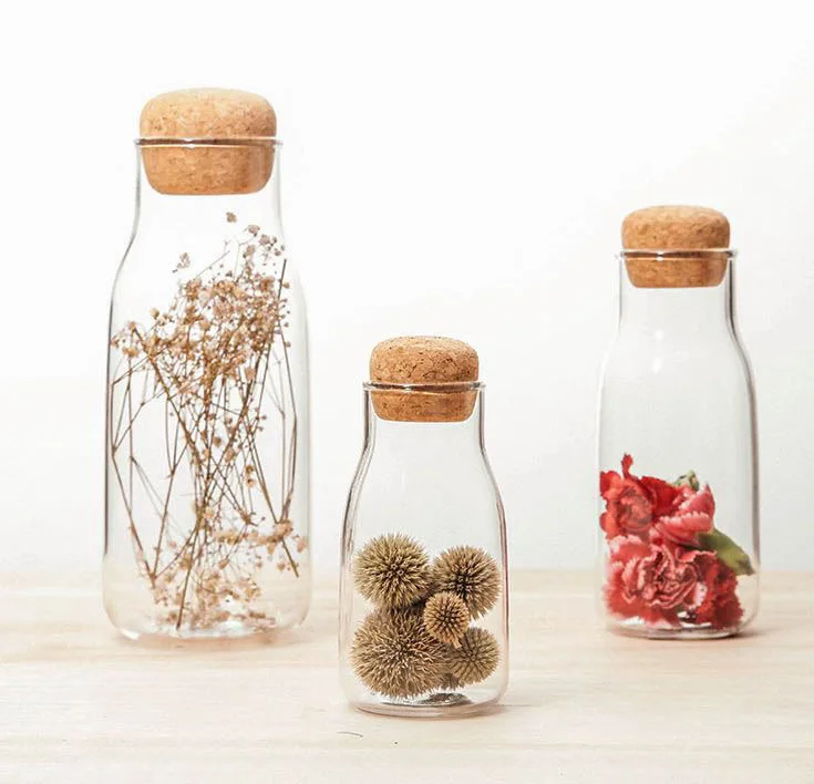 

Airtight hot sale high borosilicate glass jar for kitchen storage dry food with bamboo lid and cork lid, Transparent