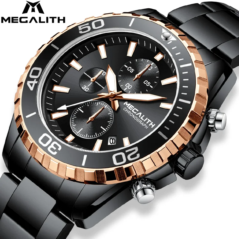 

Black Mens Stainless Steel Chronograph Wristwatch Business Sport Megalith Brand Military Quartz Watch