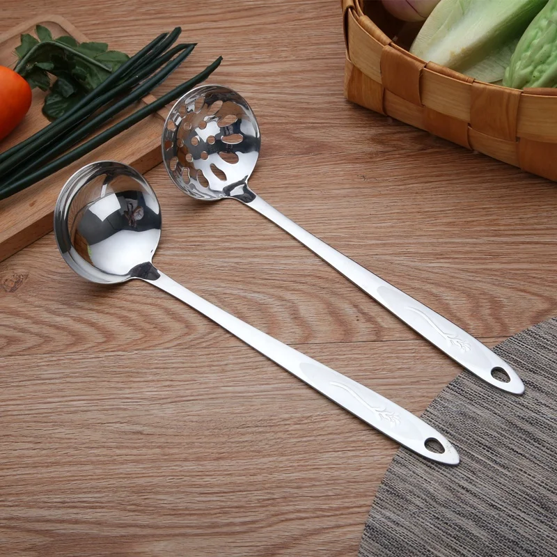 

Cooking Utensil Stainless Steel Long Handle hot pot Soup Ladle with Hanging Hole, Natural silver