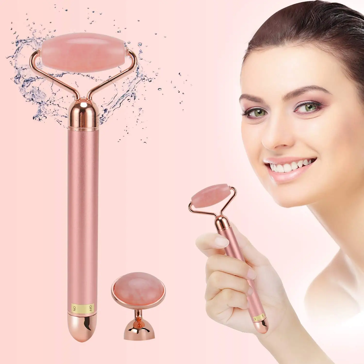 

Handheld Natural Jade Roller Gua Sha Skin Tightening Massager Tool Gift Set Facial Massage Jade Roller, Pink