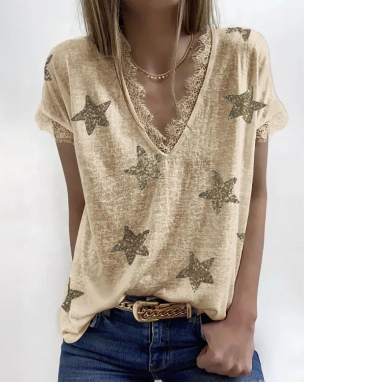 

Hot Sale Sexy Star Summer V-neck Lace Women T-shirt