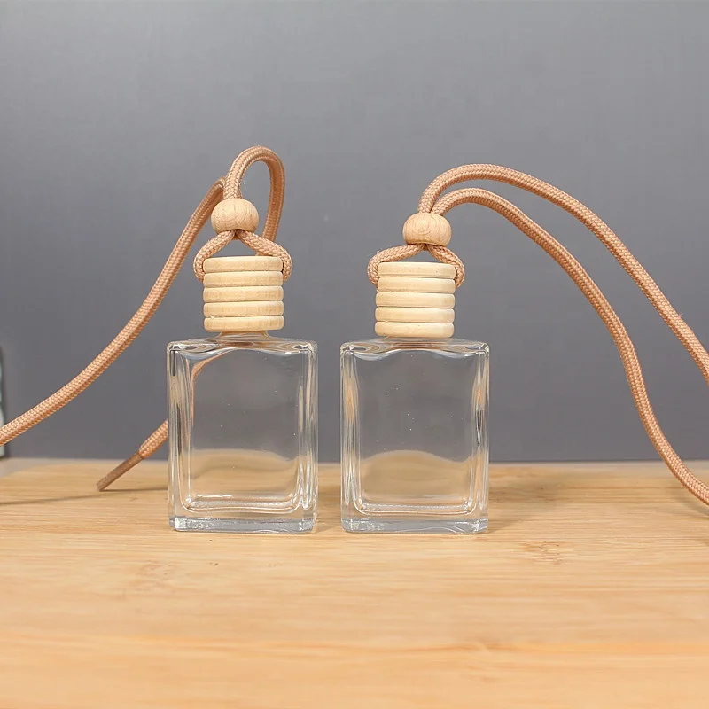 

15ml Clear Flat Square Empty Glass Bottle Car Diffuser Perfume Aromatherapy Bottle With Wooden Lids Hanging lace