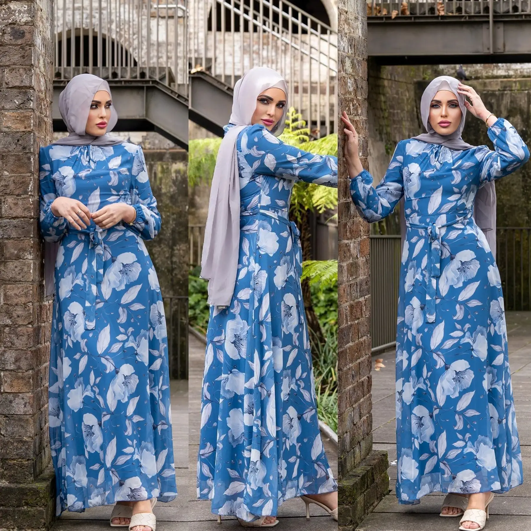 

Stock new design good quality plain color floral sleeve islamic clothing long sleeve dress muslim abaya