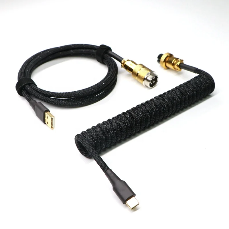 

Paracord and PET Double sleeved USB to Type-C Coiled cable for Mechanical Keyboard With GX16 Aviator.