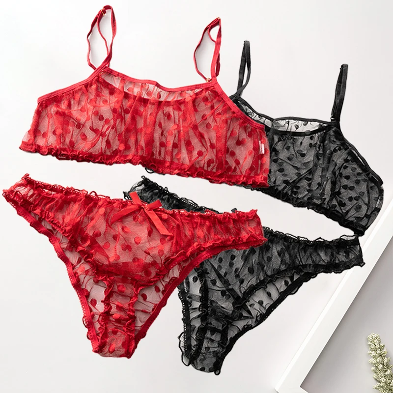 

Transparent sheer lace sling tube top bra set sexy lingeries underwear bra and panty sets