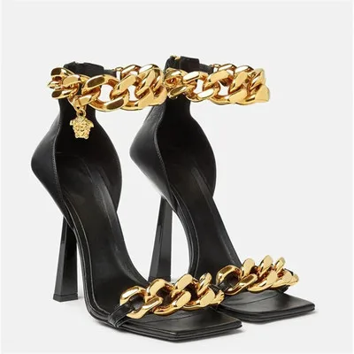 

2021 high-heeled fashion one-word strap sandal chain square toe show large shoes in Europe and the United States, As shown in figure