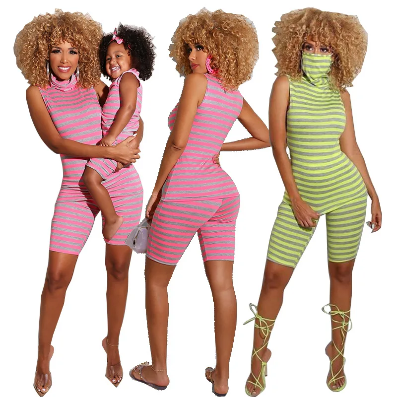 

2021 Summer Mommy And Me Outfits Stripe Mommy And Me Sets Wholesale Skinny Mommy And Daughter Outfits, Pink,green