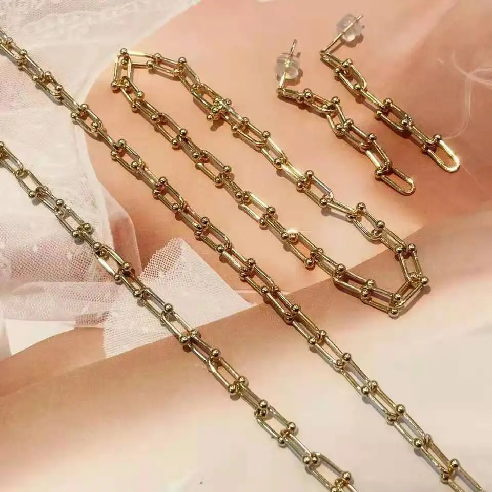 

9 Grams Solid Gold 18K Chain Pave Stone U Shape Real Gold Jewelry 18karat Gold Necklace Earrings Bracelet Jewelry Set