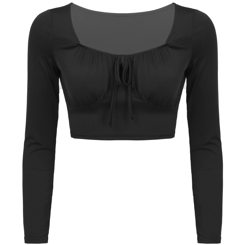 

Wholesale Women Square Neck Long Sleeves Crop Top Y2K Clothes Ruched Bodycon T-Shirts Clubwear