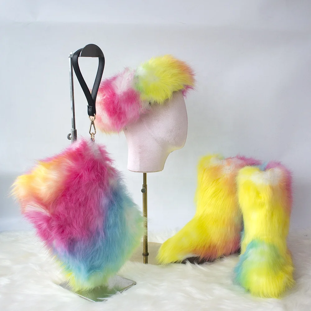 

2021 fashion winter colorful fake fur boot with rainbow hat handbag sets for woman
