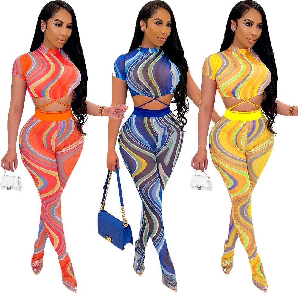 

DUODUOCOLOR 2021 fashion casual gauze high neck short sleeve bandage printed clothes two piece pants set D10658