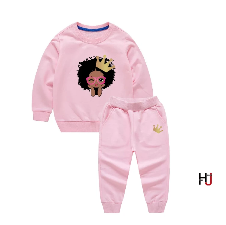 

New Arriving Little Melanin Princess Queen Babies Hoodies And Pants 2pcs Sets girl Clothes Kids Fashion Clothing Jogging Suit, As picture show