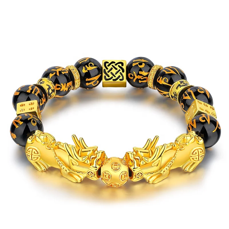 

Welwish Hot Sale Lucky Wealthy Jewelry PiXiu Bracelet Golden Black Obsidian Beads Feng Shui PiXiu Bracelet Unisex