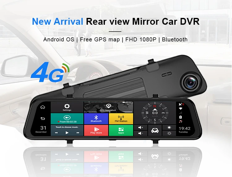 4G Mobil DVR 10 "Android 5.1 Arus Navigasi GPS Kaca Spion FHD 1080P ADAS Dash Cam Kamera Perekam Video Otomatis