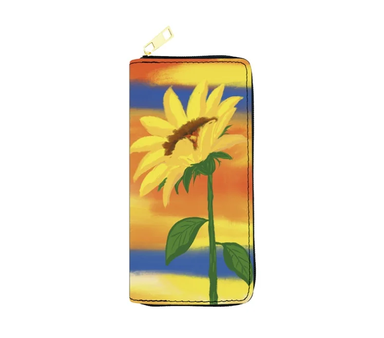 

2021 European and American flower to art sunflowers Pu Purse Lady Long Zipper bag single pull bag makeup bag