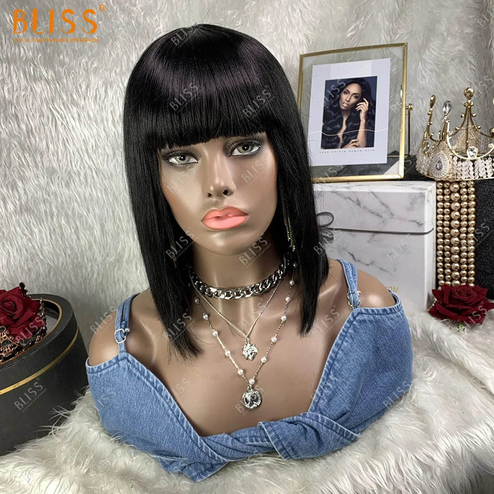 

Bliss Short Bob Wigs Human Hair Brazilian Bob Wigs With Bangs,Blunt Cut Short Bob Wigs,Perruque Bobs Hair Wigs For Black Women