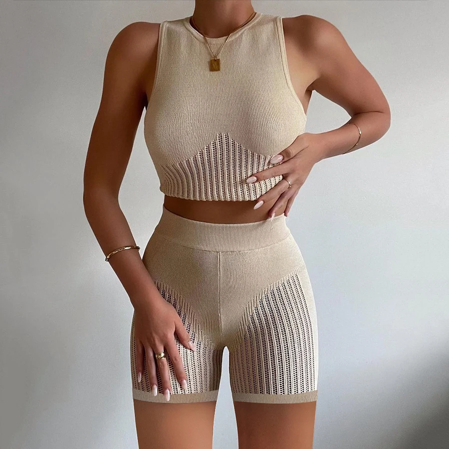

Kliou W21S15060 Summer casual sexy women's suit Tight round neck vest + elastic stitching shorts knitted 2 piece set women
