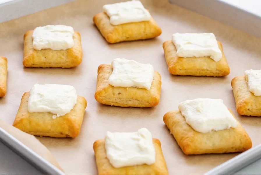 Homemade frosted cinnamon roll pop tarts arranged on baking sheet with golden crust and creamy white frosting