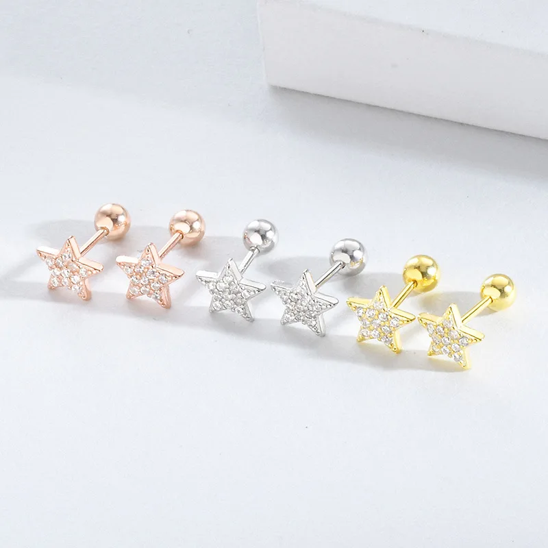 

High Quality 925 Sterling Silver Pentagram Screw Back Stud Earrings Little Star Screwback Sweet Earrings