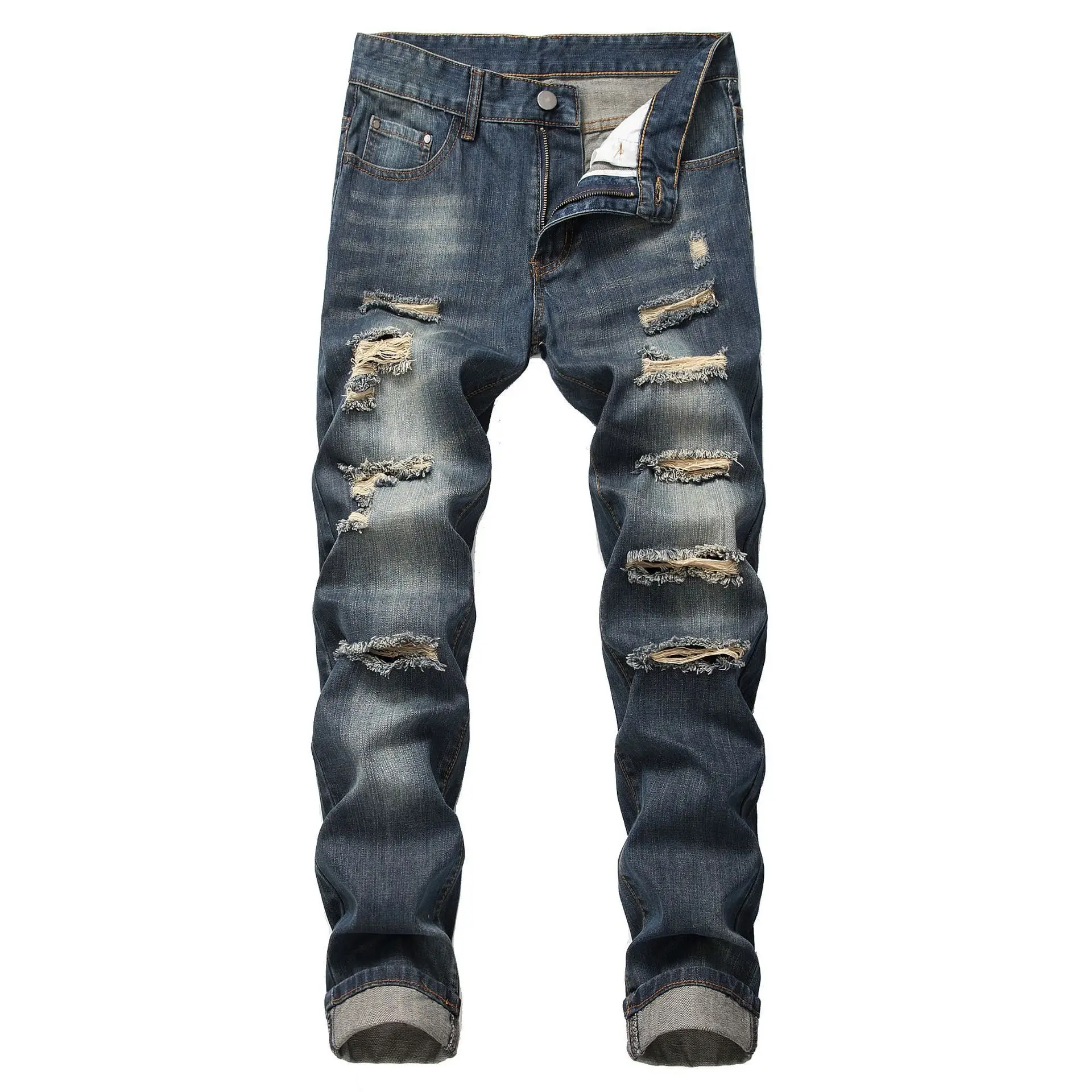 

2020 New Fashion Straight Slim Fit Non-Stretch Retro Casual Denim Ripped Jeans Men, Light blue, dark blue, nostalgic color