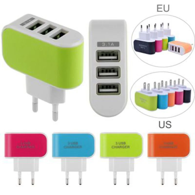 

US EU Plug 3U Wall Power charger 5V 2.1A Travel Adapter with Triple USB Ports LED Light Luminous Charger For Mobile Phone