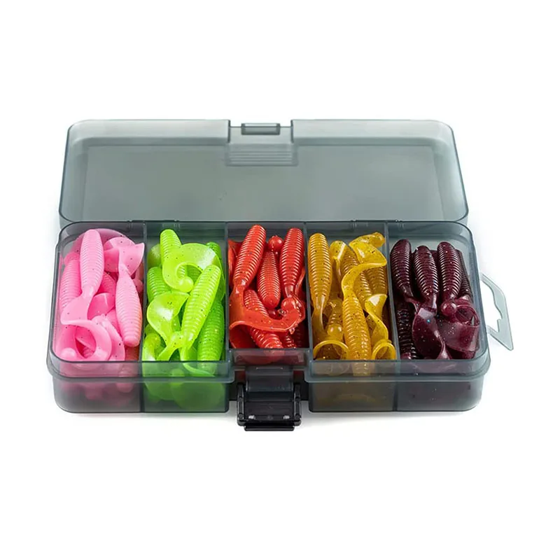 

60pcs 75mm Curved tail Grub Soft Baits Set With Box Mixed Colors Silicone Fishing Worm Bass Lure Kit For Saltwater/Freshwater