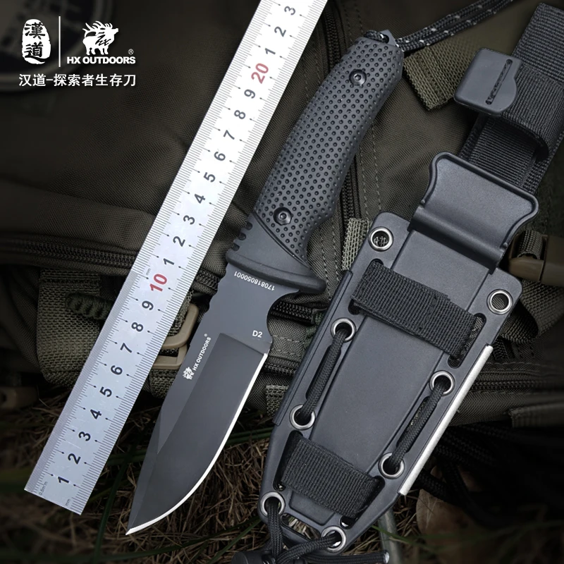 

HX outdoor survival knife D2 steel blade fixed blade brand straight camping knives multi tactical rubber handle hand tools