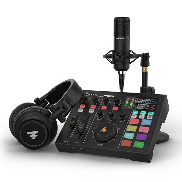 

MAONOCASTER AM100 k2 Sound Card With Desktop XLR Microphone and Monitor Headphone All-In-One Podcast Production Studio Kit, Black