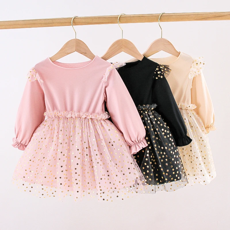 

New Arrival Infant Kids One Piece Dress O-neck Long Sleeve Ruffle One year Birthday Party Outwear Stars Tutu Skirt, Pink/beige/black