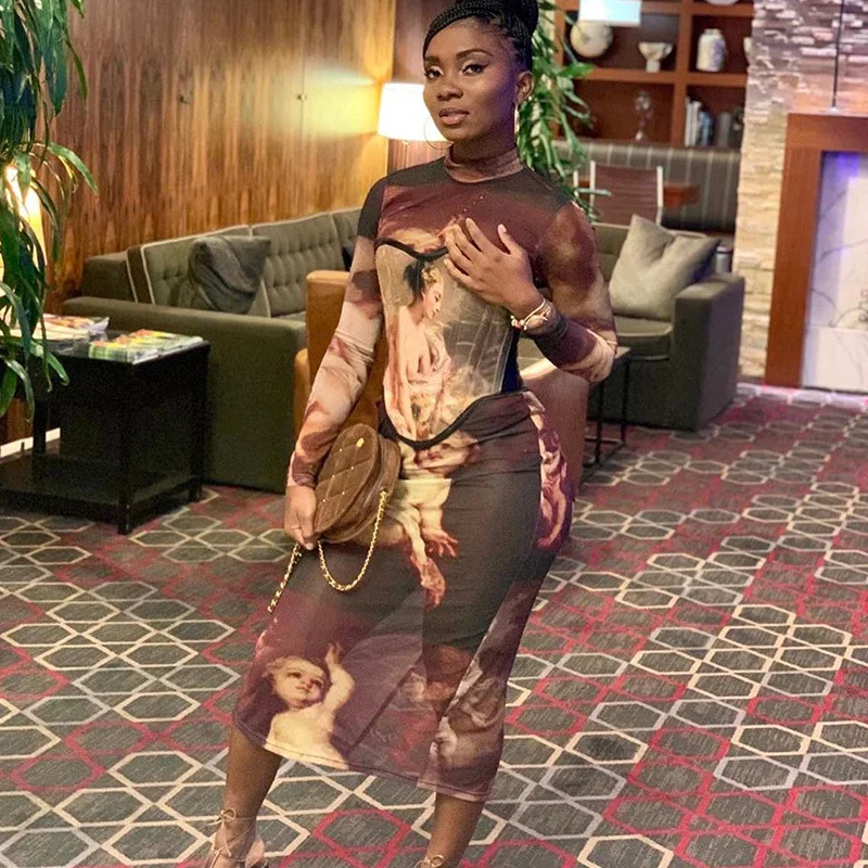 

Angel Print Patchwork Women Corset Midi Dress Long Sleeve Turtleneck Bodycon Bandage Sexy Streetwear 2020 Autumn Winter