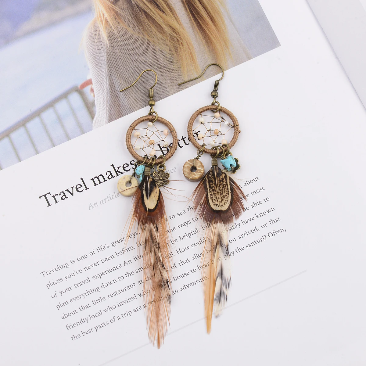 

Ethnic Long Bohemia Feather Beaded Earrings For Women Dreamcatcher Round Wood Indian Gypsy Hippie Earrings Boucle D'oreille, Colorful