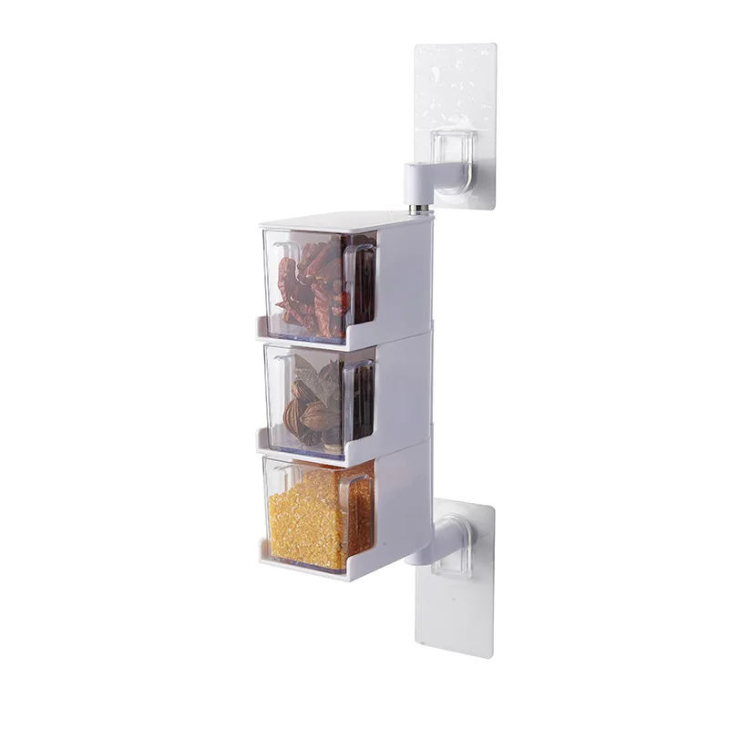 

Kitchen household salt shaker condiment seasoning box Plastic punch-free wall-mounted rotating condiment storage box