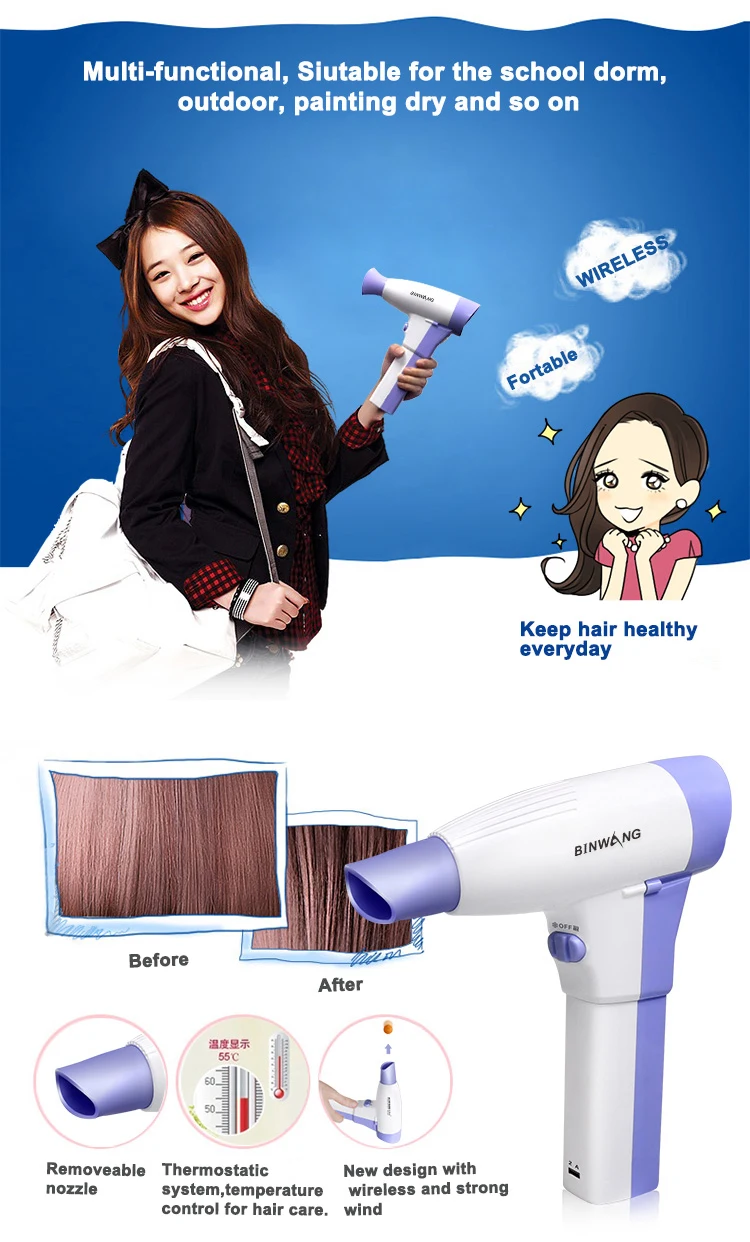 Wireless Portable Rechargeable Hair Dryer Charging Usb Battery Electric