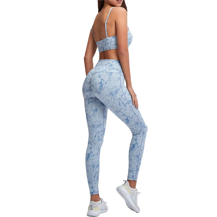 

2021 Custom Logo Women Tie Dye Workout Sets 2PCS Scrunch Butt Lifting Yoga Leggings Sports Bra Gym Clothes Yoga Sets